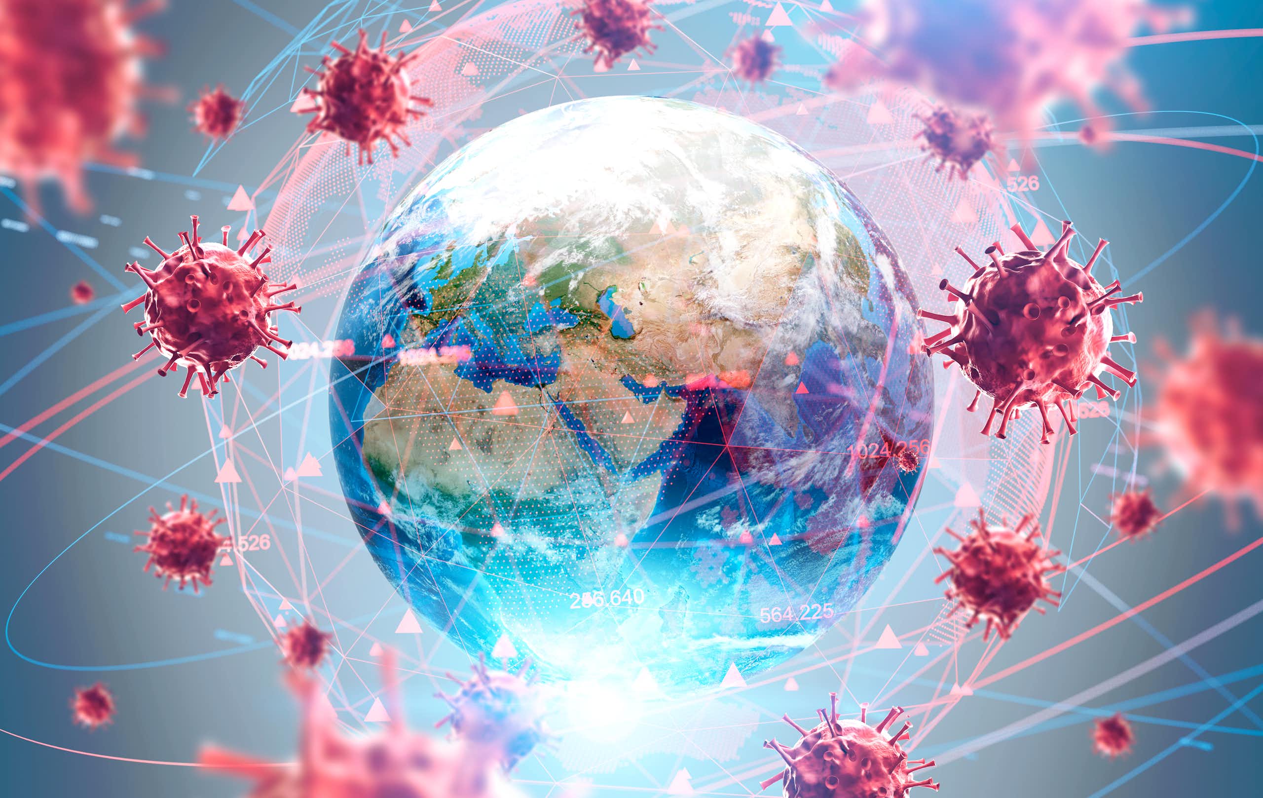 An illustration of COVID viruses surrounding the globe.
