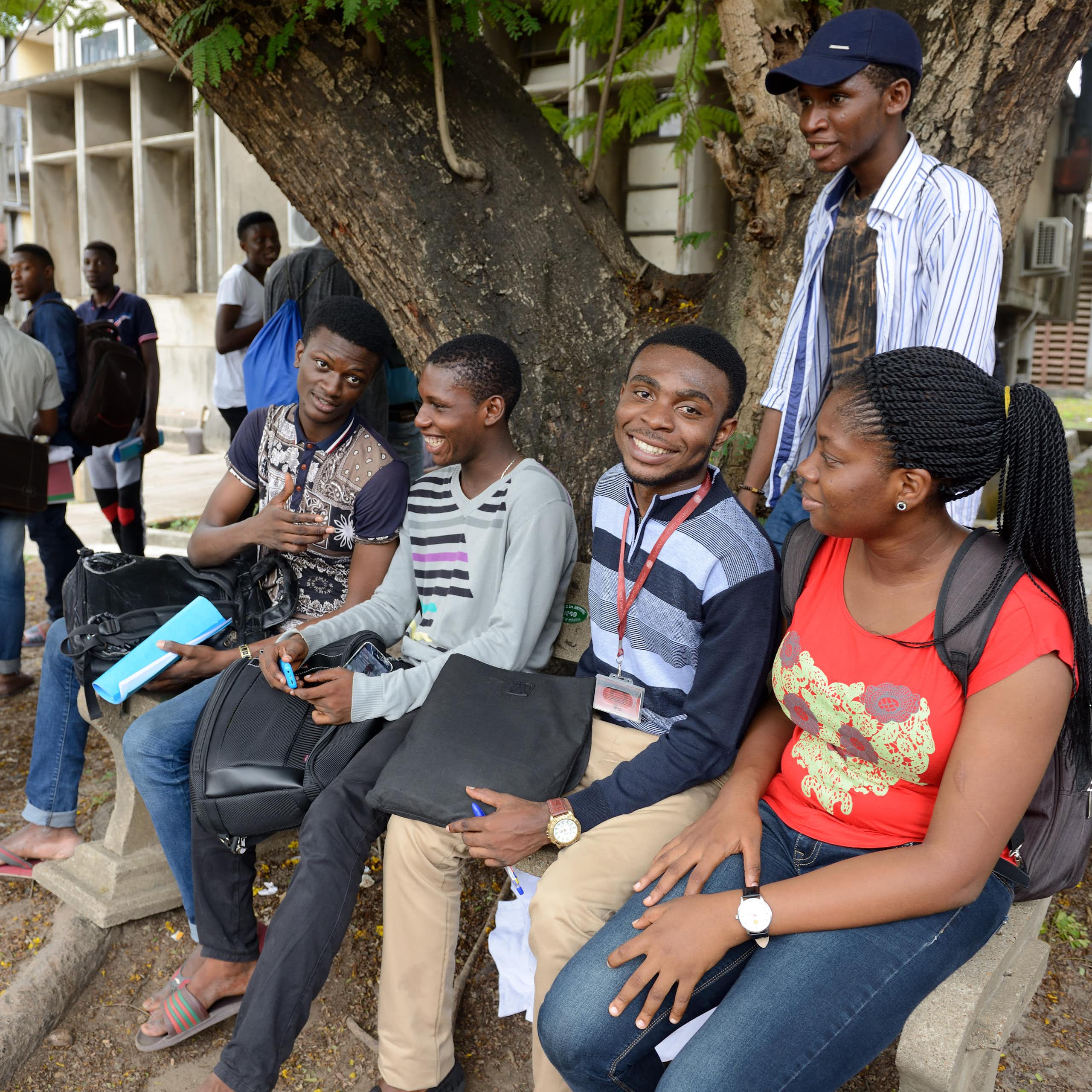 A group of people sitting under a tree