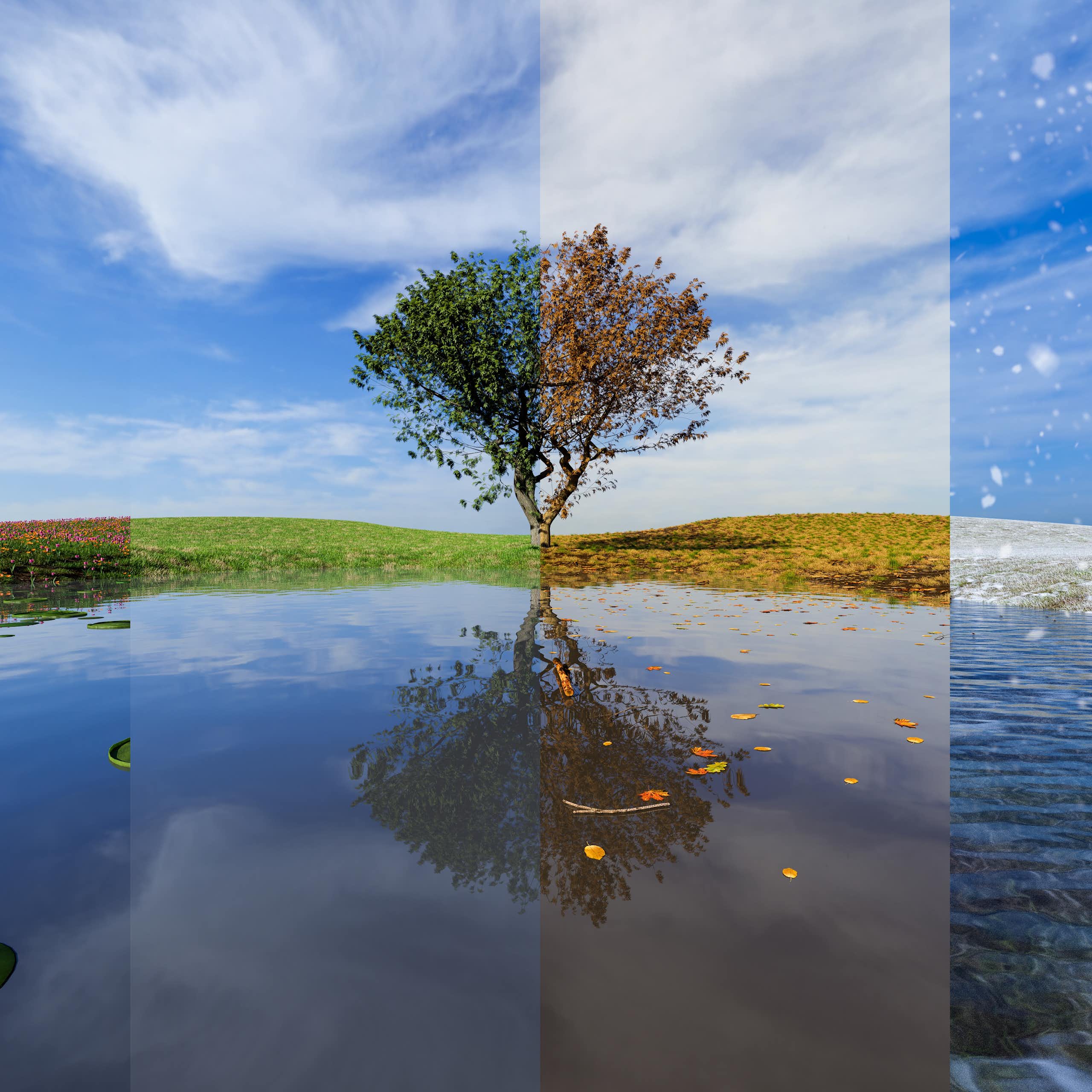 a tree by a lake with four panels showing the four seasons