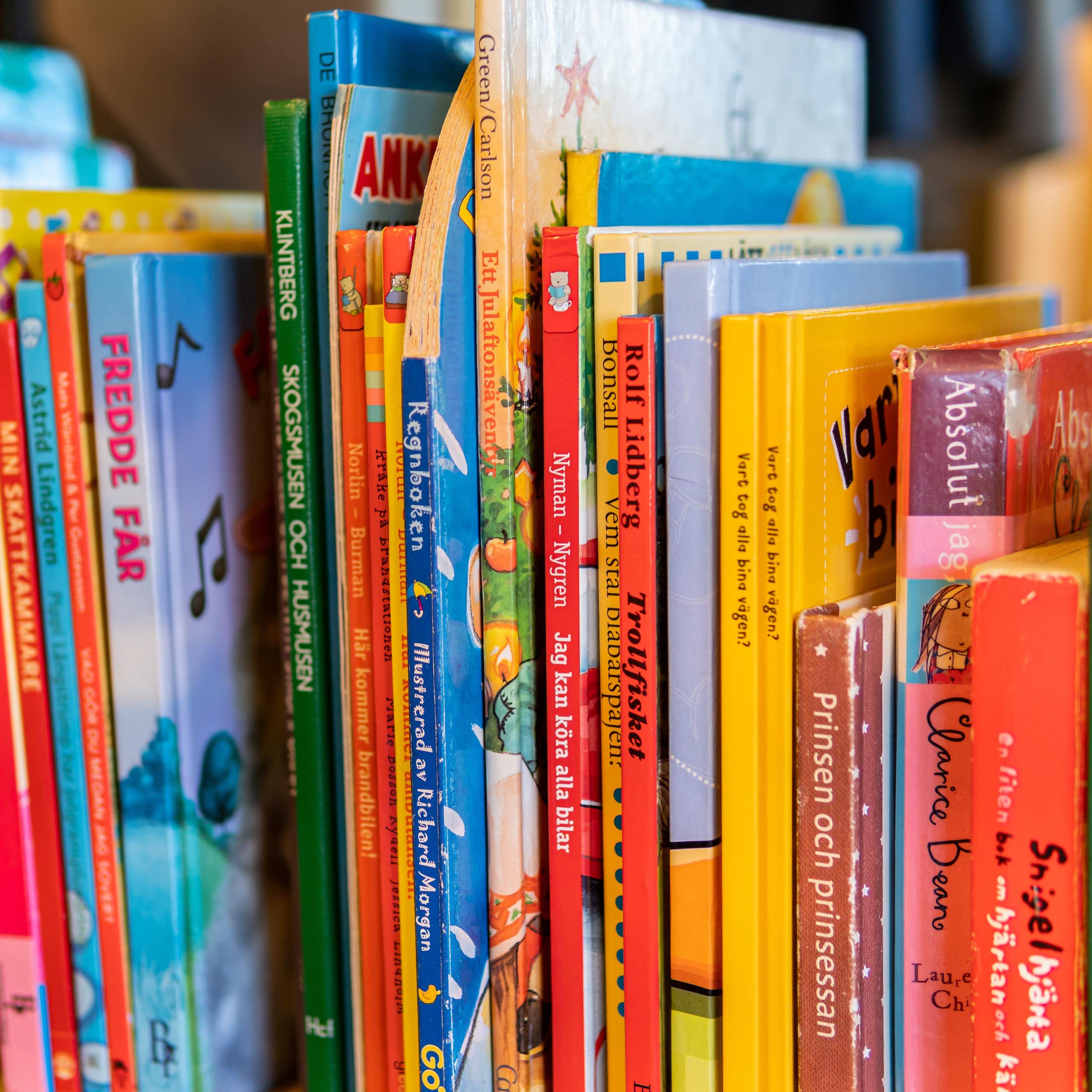 A shelf of Swedish children's books.