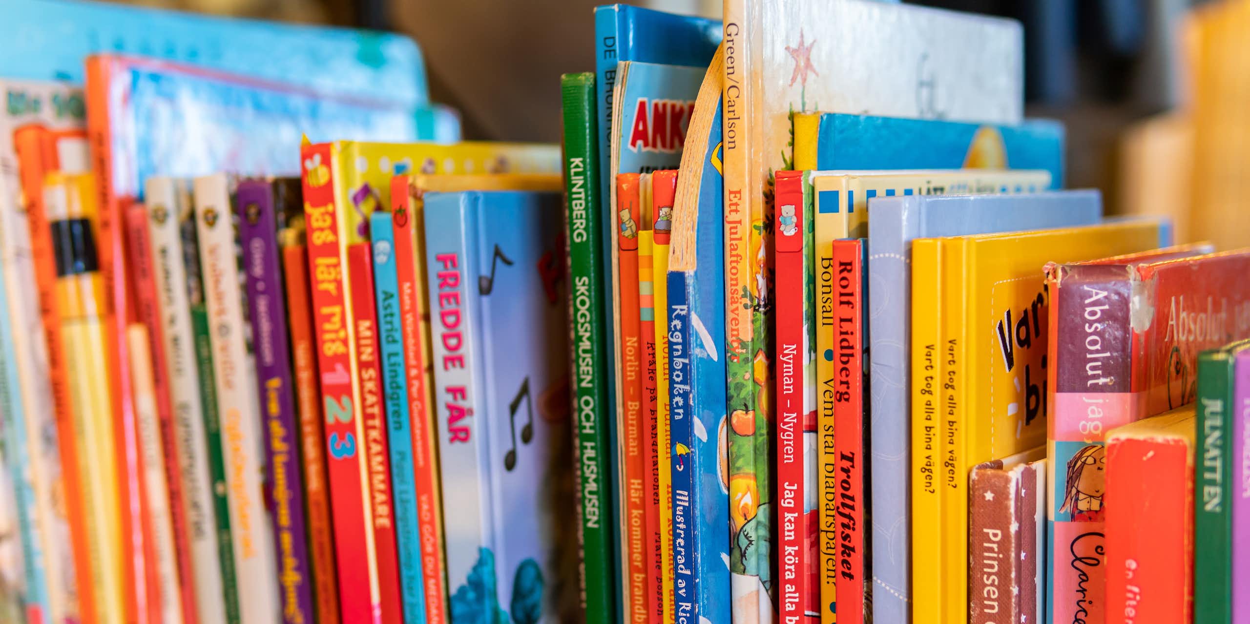 A shelf of Swedish children's books.