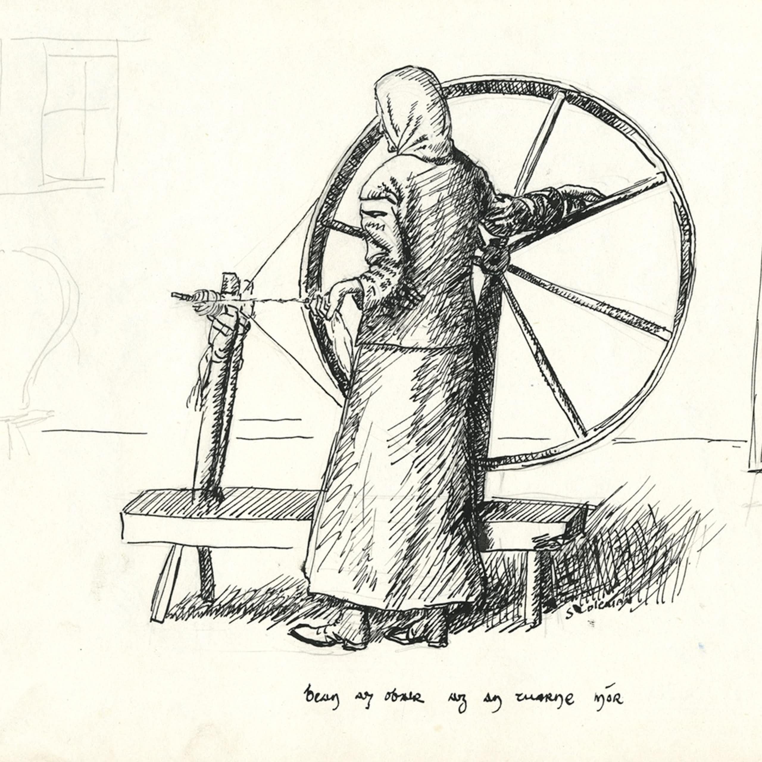 A woman seen at a spinning wheel.