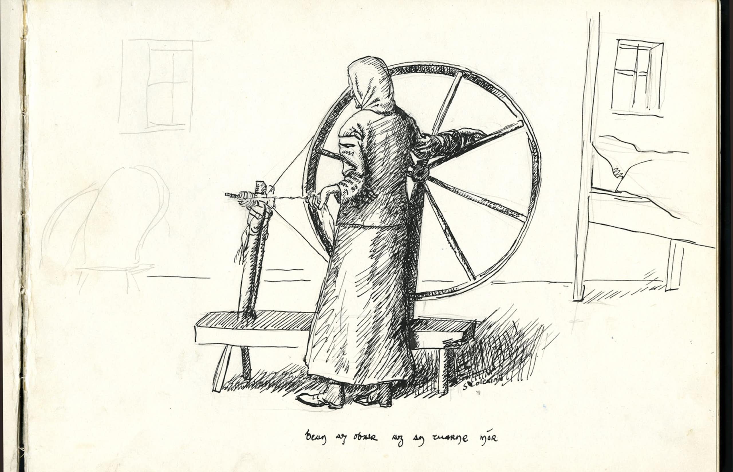 A woman seen at a spinning wheel.