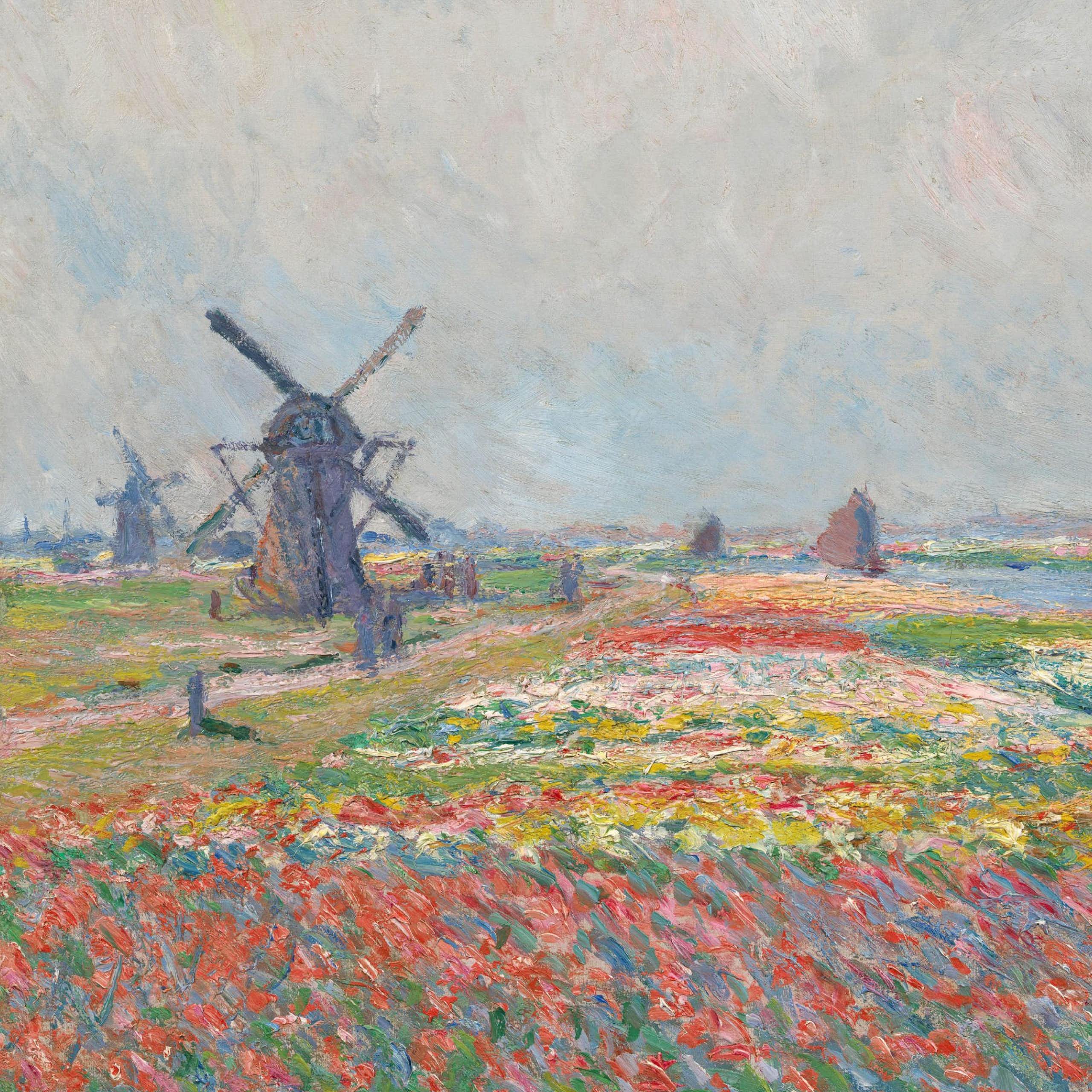Painting of a windmill in a field of tulips