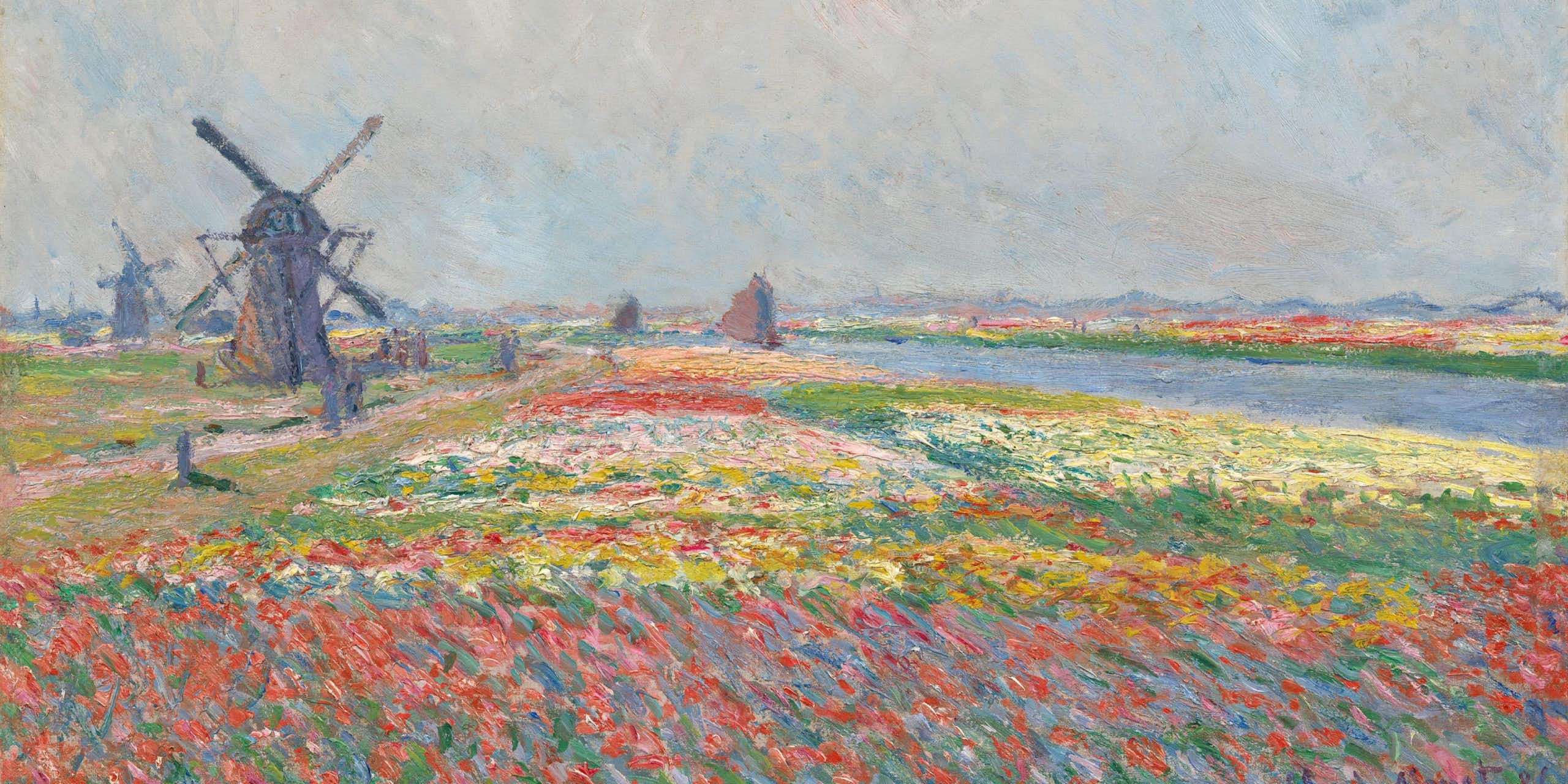 Painting of a windmill in a field of tulips