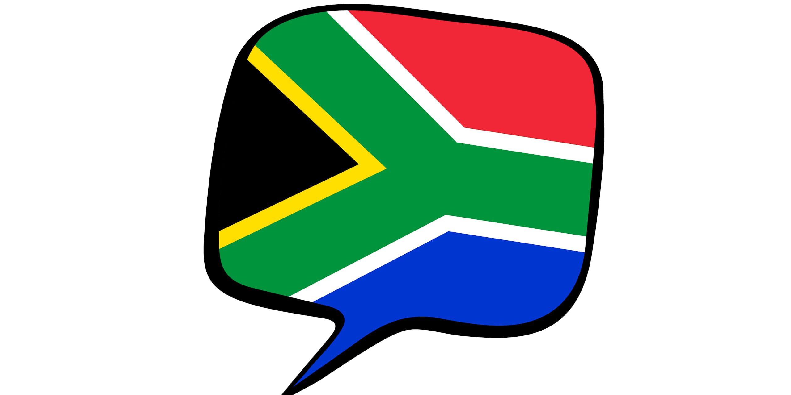 South Africa's flag, which is red, green, white, yellow, black and blue, illustrated in the shape of a speech bubble