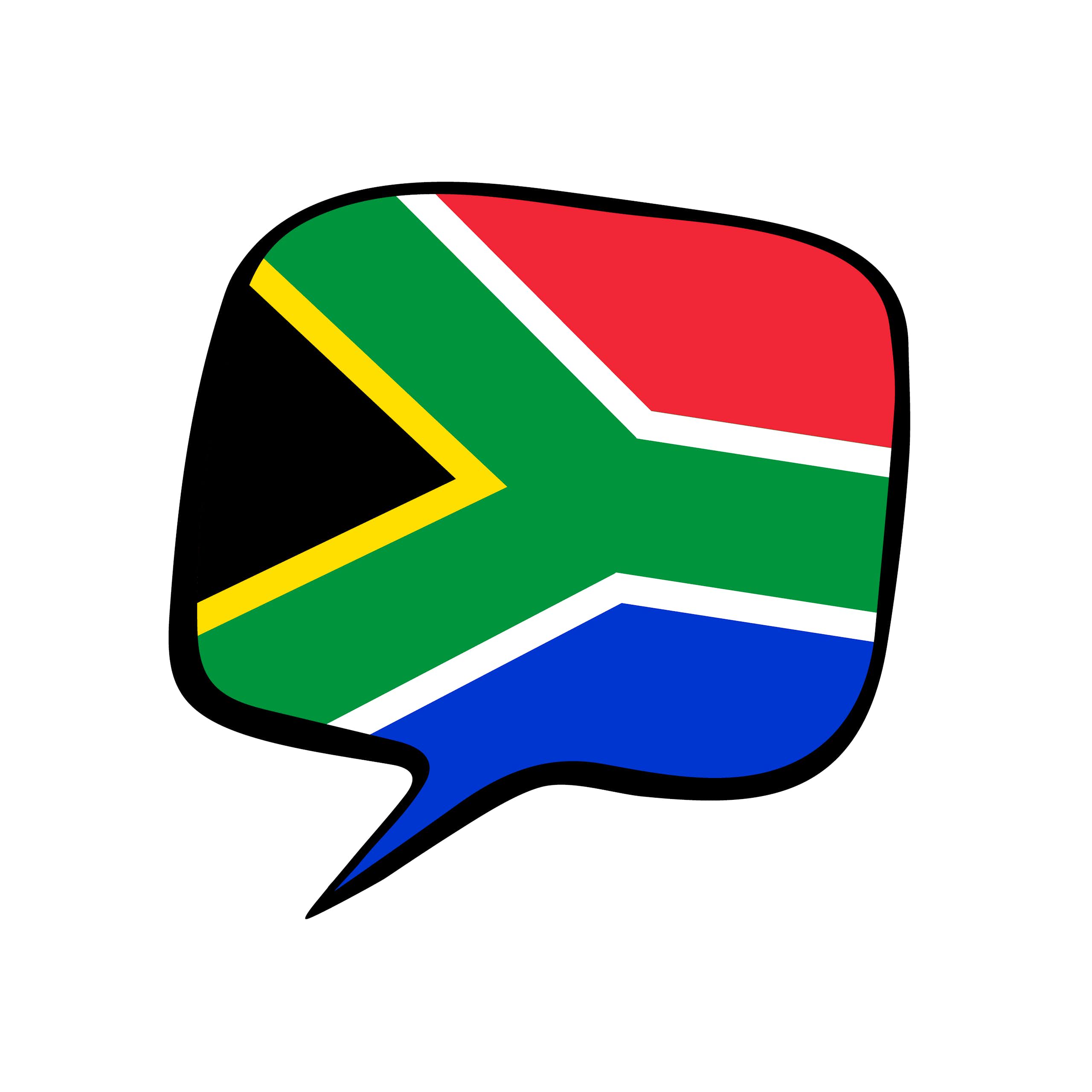 South Africa's flag, which is red, green, white, yellow, black and blue, illustrated in the shape of a speech bubble