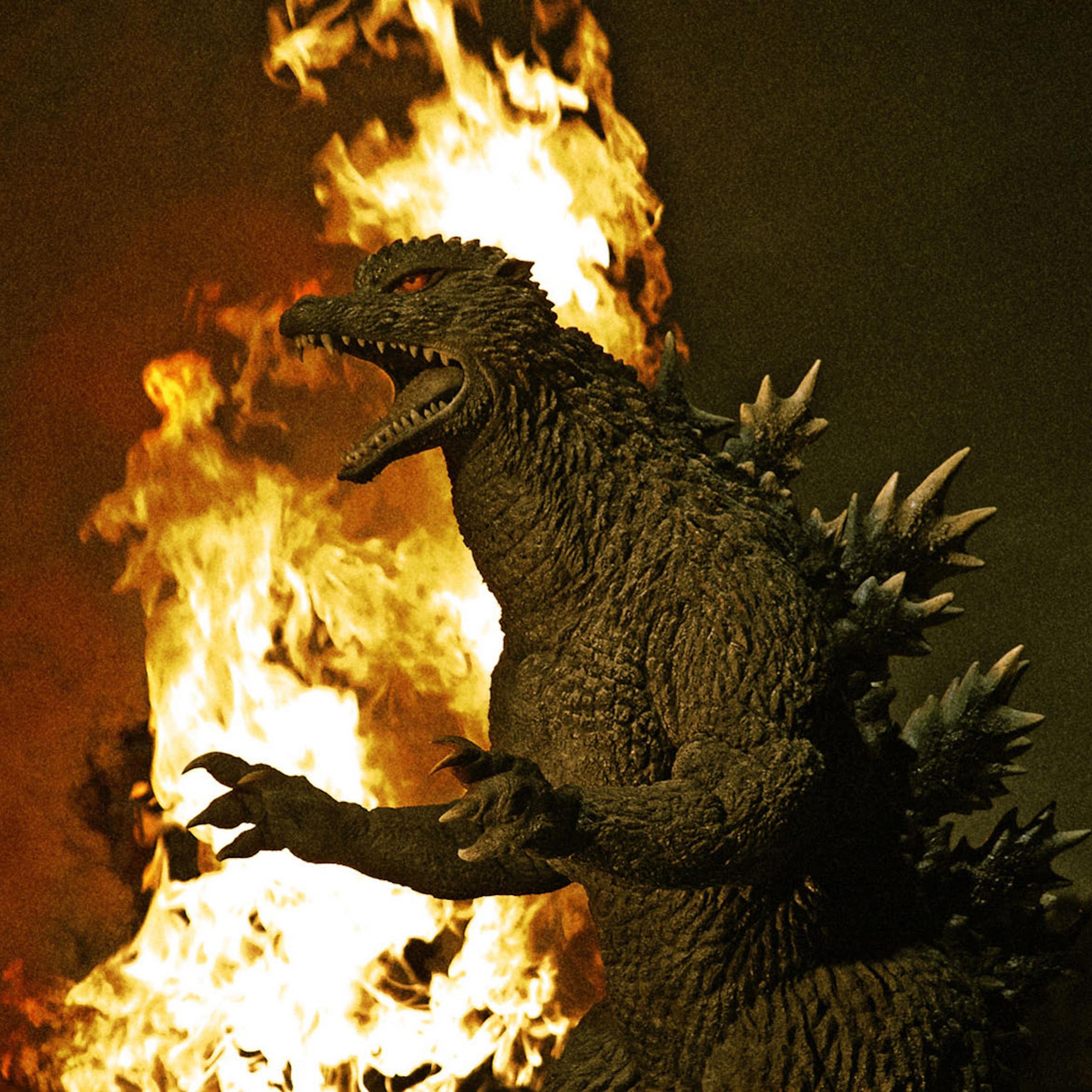 Godzilla with a burning city behind him
