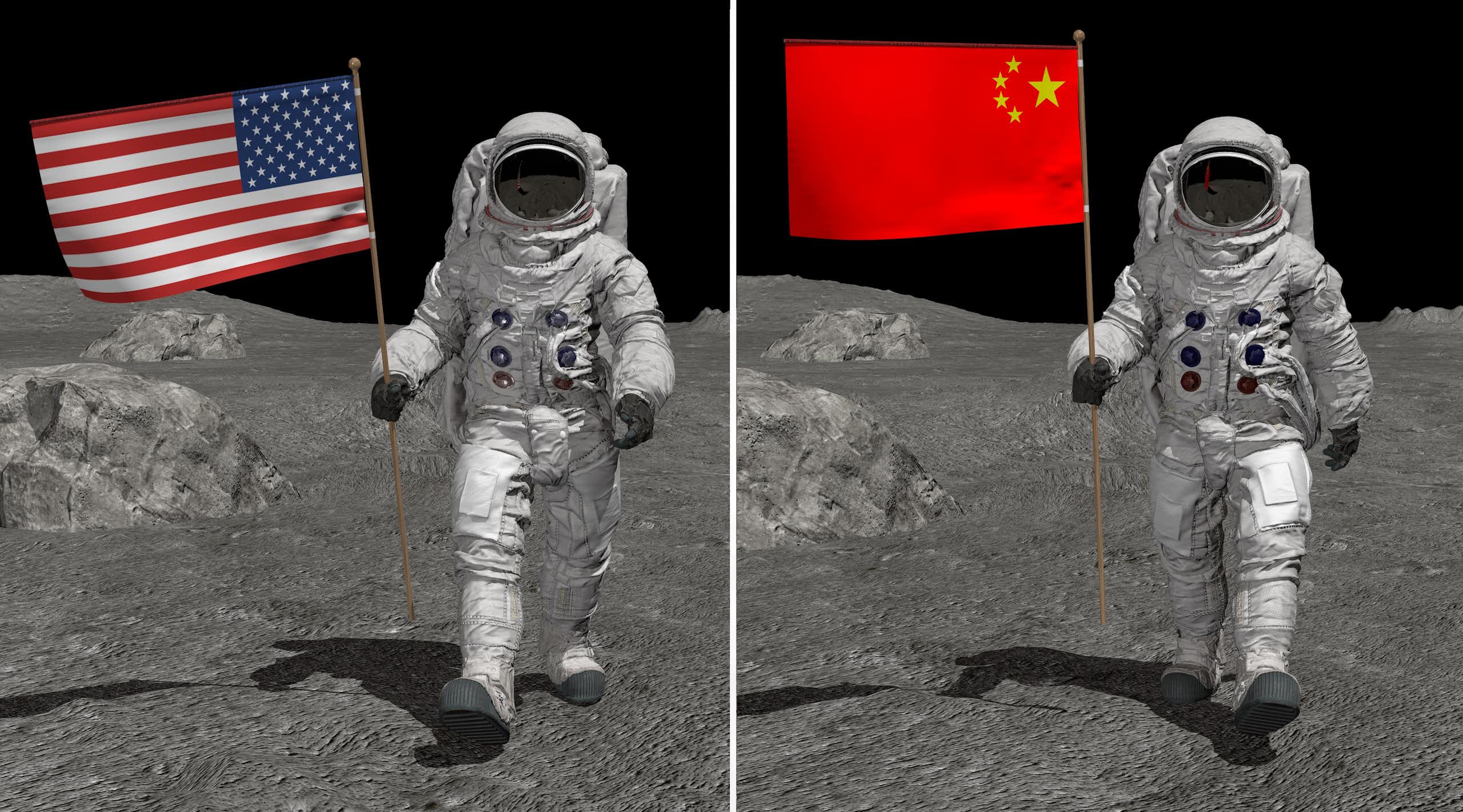 Composite of US and Chinese astronauts on the Moon.