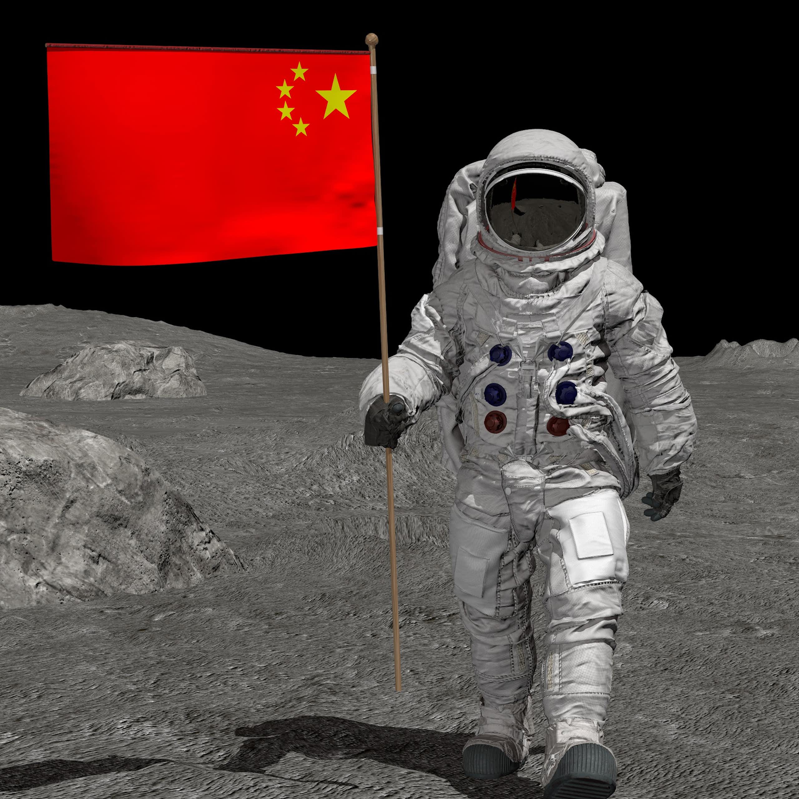 Composite of US and Chinese astronauts on the Moon.
