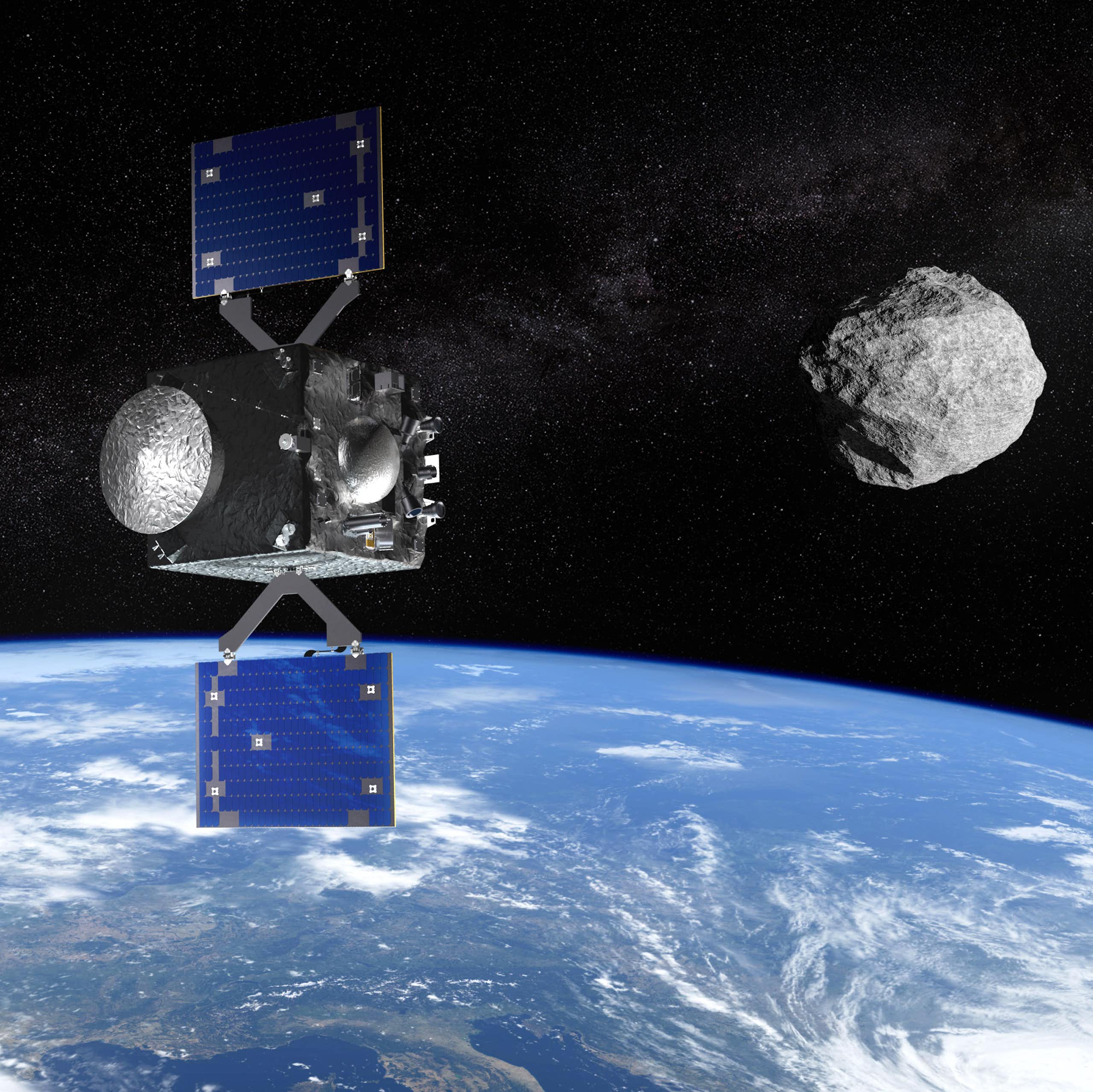 Ilustração da sonda Ramses acompanhando o asteroide Apophis durante sua apro