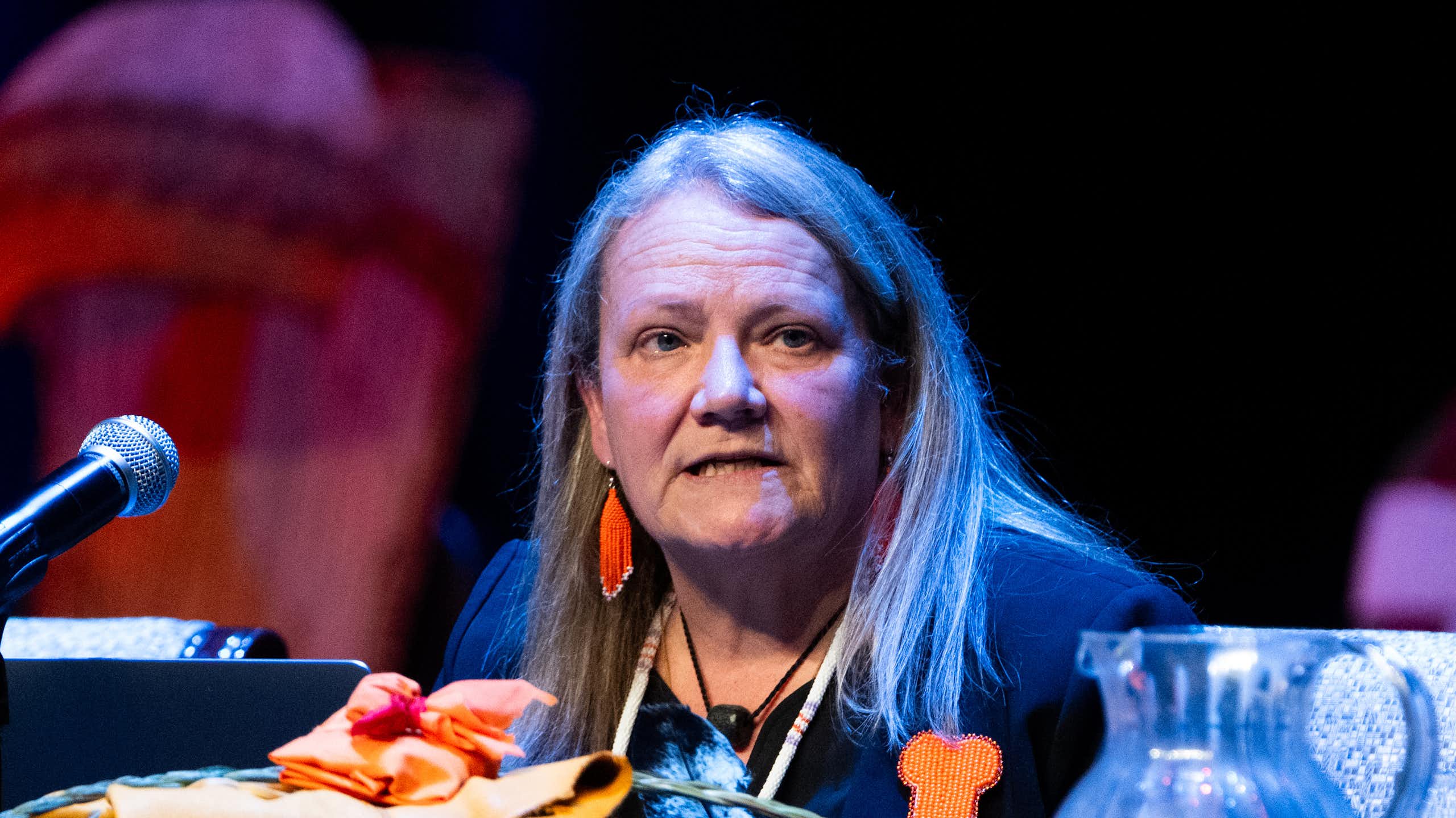 a woman with grey hair wearing a dark suit speaking into a microphone