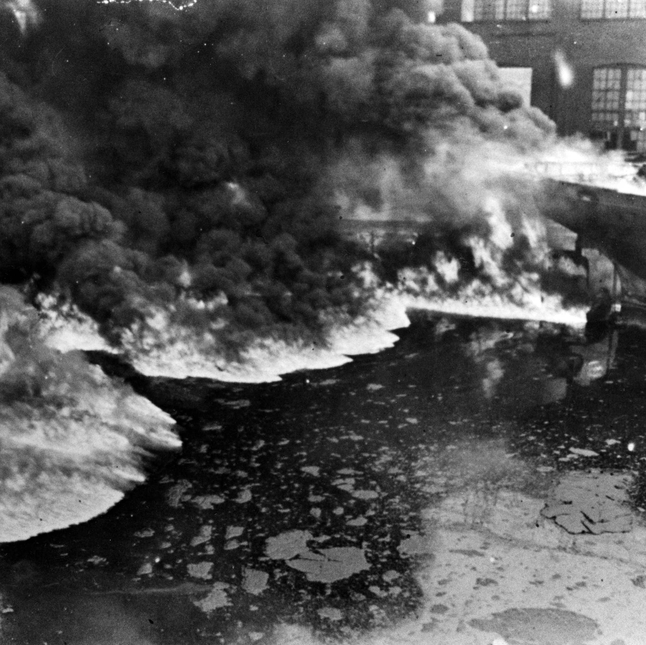 A fire burning on the Cuyahoga River.
