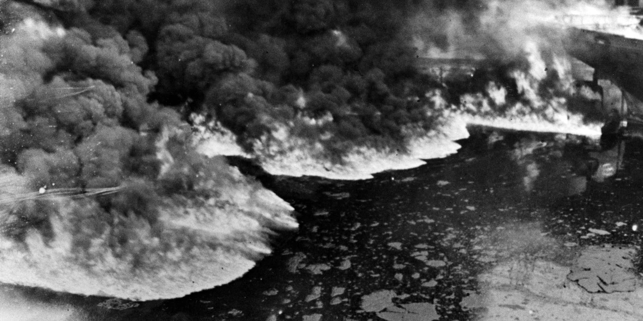 A fire burning on the Cuyahoga River.